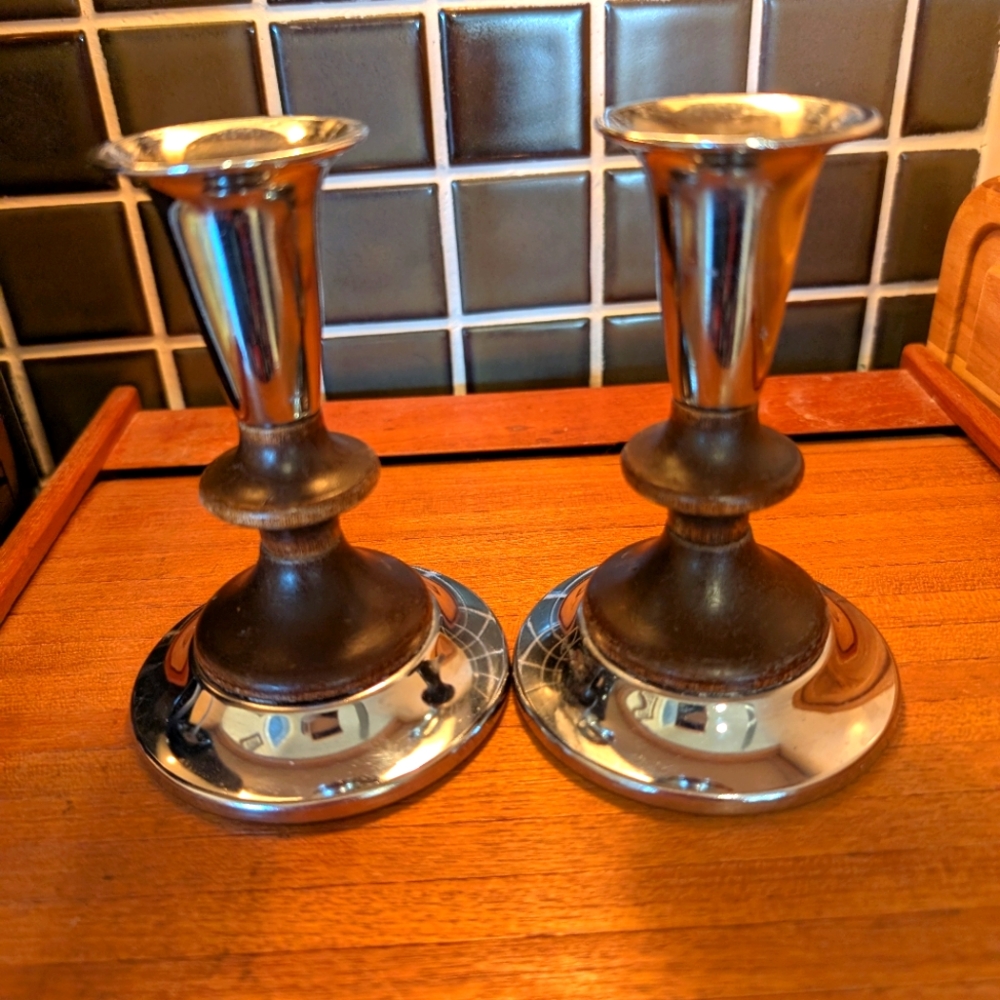 Pair Of MCM KROMEX wood/chrome candle holders